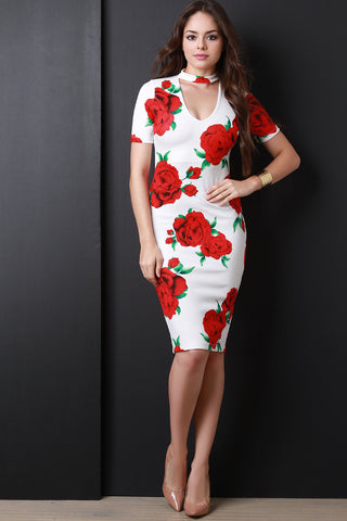 Roses Mock Choker Midi Dress