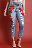 Floral Embroidered Distressed Boyfriend Denim Jeans