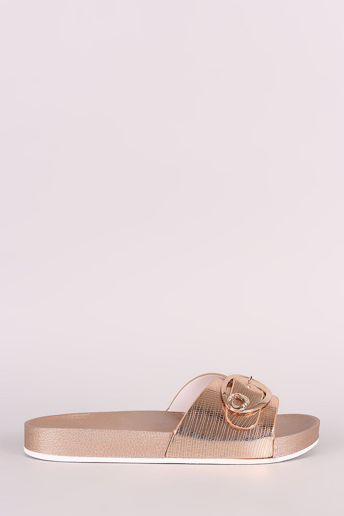 Lizard Embossed Buckled Slide Sandal