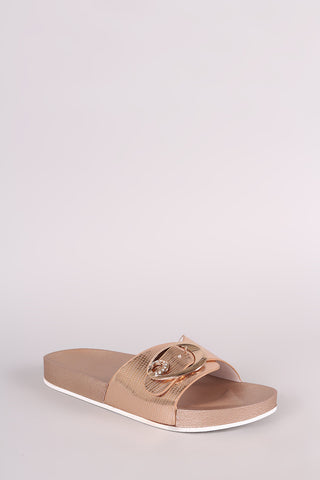 Lizard Embossed Buckled Slide Sandal
