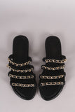 Leather Strappy Chain-Embellished Open Toe Slip On Sandal