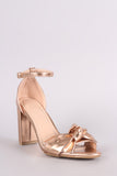 Metallic Knotted Bow Ankle Strap Chunky Heel