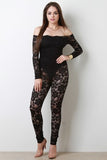 Semi-Sheer Floral Lace Bardot Jumpsuit