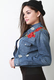 Floral Applique Distressed Chambray Top
