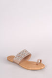 Qupid Metallic Rhinestone Accent Toe Ring Flat Sandal