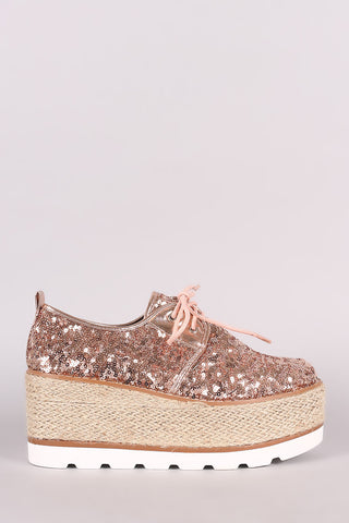 Sequined Lace Up Espadrille Oxford Flatform Wedge
