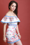 Embroidered Print Flutter Bardot Bodycon Dress