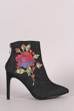Embroidered Rosette Denim Pointy Toe Stiletto Booties