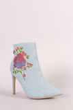 Embroidered Rosette Denim Pointy Toe Stiletto Booties