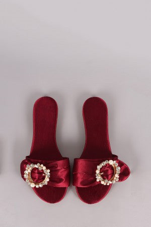 Satin Faux Pearls And Rhinestones Slip On Flat Sandal