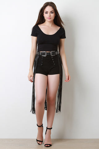 Double Buckle Vegan Leather Fringed Belt