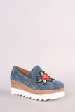Embroidered Floral Denim Lug Sole Loafer Platform Wedge