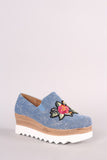 Embroidered Floral Denim Lug Sole Loafer Platform Wedge