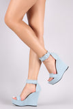 Frayed Denim Ankle Strap Platform Wedge