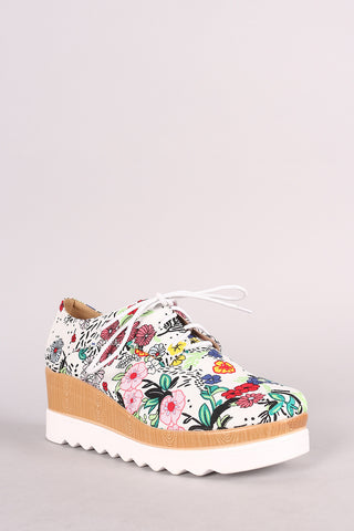 Floral Lug Sole Lace Up Oxford Platform Wedge