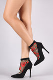 Floral Applique Mesh Suede Pointy Toe Stiletto Heel