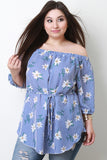Striped Floral Waist-Tie Off The Shoulder Top