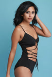Strappy Lace Up V-Neck One Piece Swimsuit