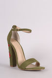 Embroidered Rosette Ankle Strap Open Toe Chunky Heel