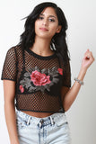 Fishnet Floral Applique Short Sleeve Crop Top