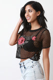 Fishnet Floral Applique Short Sleeve Crop Top