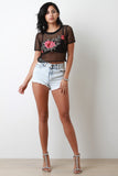 Fishnet Floral Applique Short Sleeve Crop Top