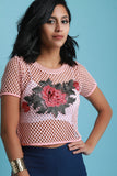 Fishnet Floral Applique Short Sleeve Crop Top