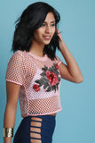 Fishnet Floral Applique Short Sleeve Crop Top