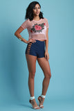 Fishnet Floral Applique Short Sleeve Crop Top