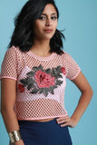Fishnet Floral Applique Short Sleeve Crop Top