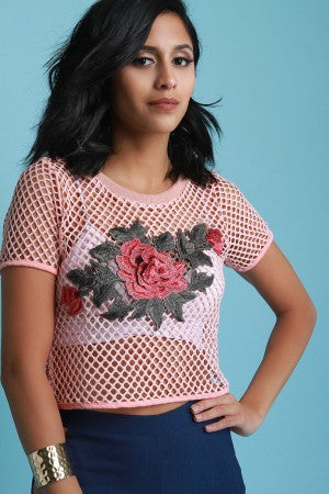 Fishnet Floral Applique Short Sleeve Crop Top