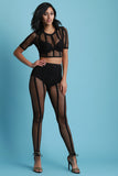Striped Fishnet Round Neck Crop Top