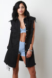 Distressed Denim Longline Button Up Vest