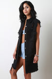 Distressed Denim Longline Button Up Vest
