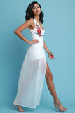 V-Neck Floral Applique Mesh Romper Maxi Dress