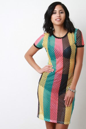 Fishnet Colorblock Crew Neck Cover Up Mini Dress