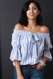 Striped Bardot Self-Tie Bell Sleeve Top