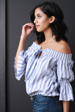 Striped Bardot Self-Tie Bell Sleeve Top