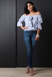 Striped Bardot Self-Tie Bell Sleeve Top