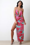 Tropical Leaf Plunge Neck Maxi Dress