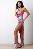 Tropical Leaf Plunge Neck Maxi Dress