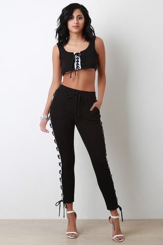 French Terry Side Lace Up High Rise Pants
