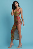 Laser Eyelet Cutout Swirl Mesh High Slit Maxi Dress