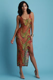Laser Eyelet Cutout Swirl Mesh High Slit Maxi Dress