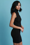 Turtleneck Eyelet Lace Up Zip Up Front Mini Dress