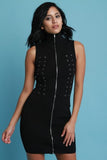 Turtleneck Eyelet Lace Up Zip Up Front Mini Dress