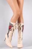 Embroidered Floral Suede Lace Up Boots