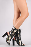 Embroidered Lace Up Peep Toe Booties