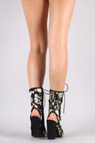 Embroidered Lace Up Peep Toe Booties