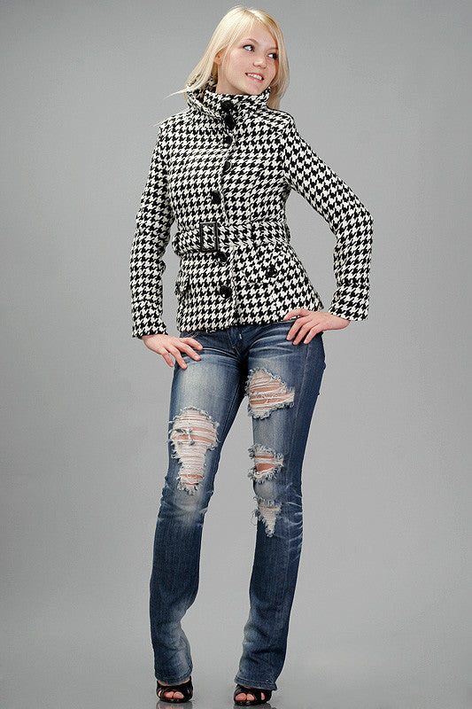 Funnel Neck Houndstooth Coat
